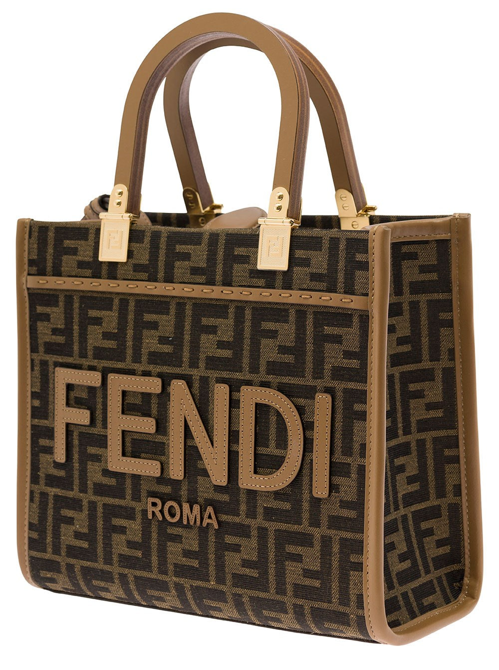 Fendi 'Sunshine Small' Brown Tote Bag with Logo in FF Jacquard Canvas and Leather Woman