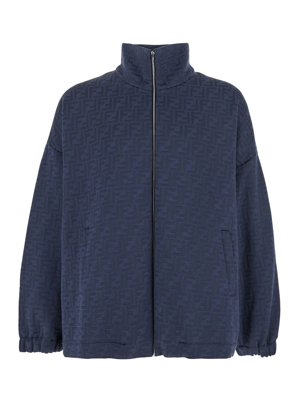 Fendi Blue Sweatshirt with High Neck and All-Over Embossed FF Motif in Cotton Blend Man