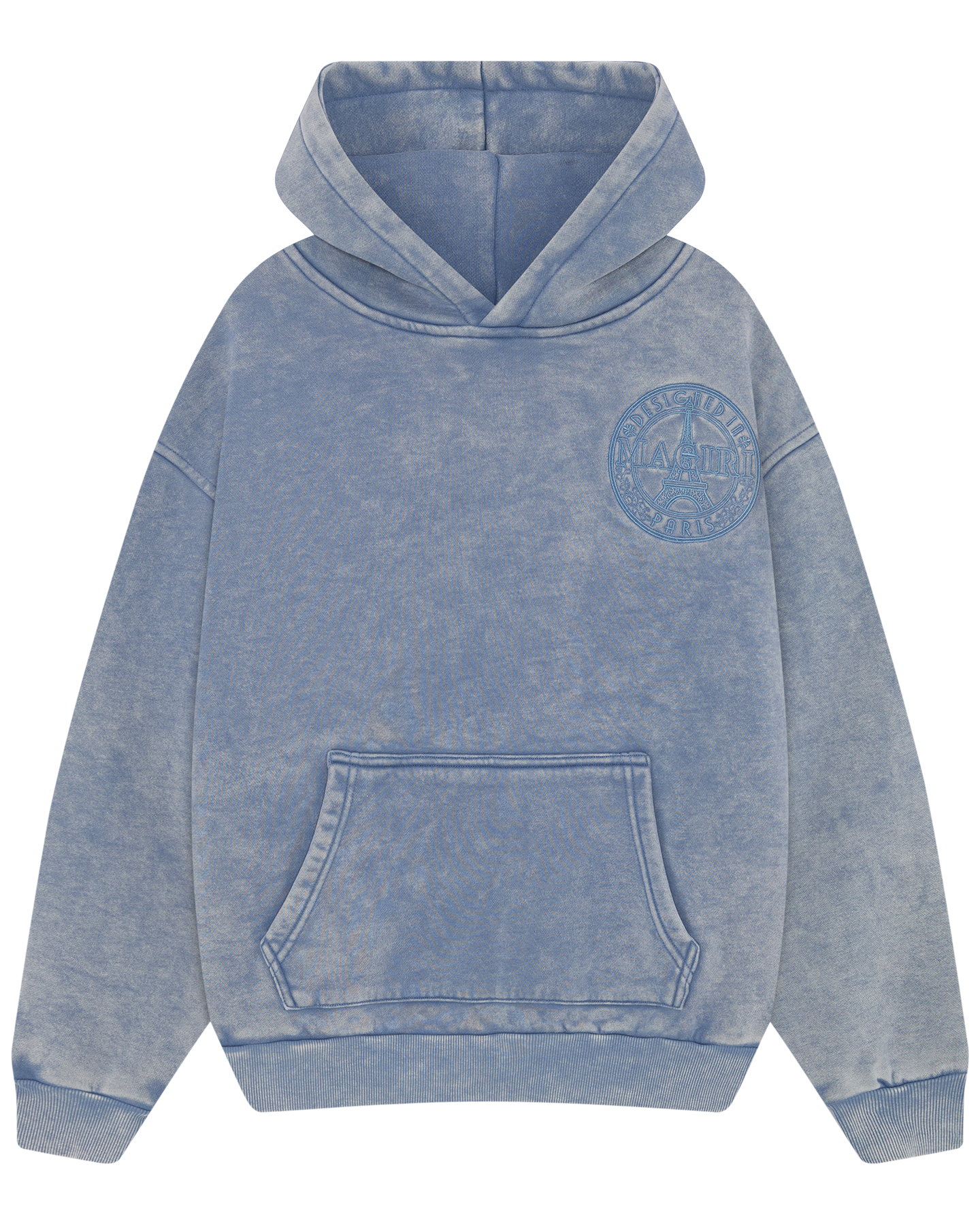 Magiri Embroidered Acid Wash Hoodie in Washed Blue