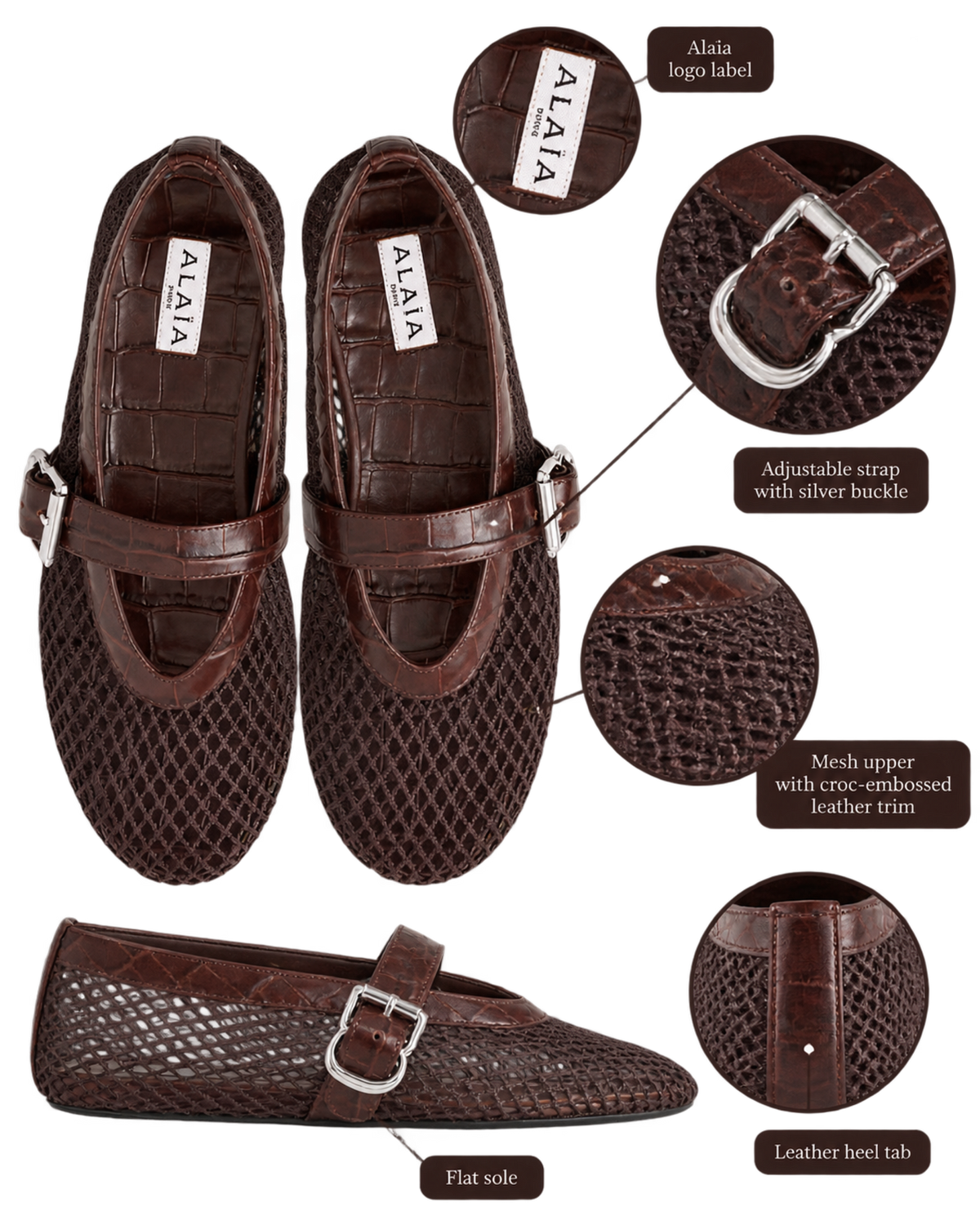 Alaïa Croc-Embossed Leather Mesh Ballet Flats