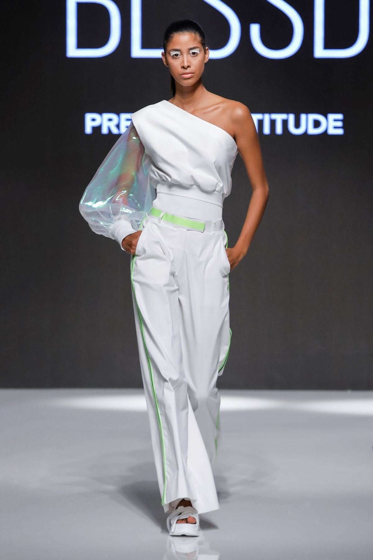 ONE SHOULDER TOP WITH IRIDESCENT SLEEVE