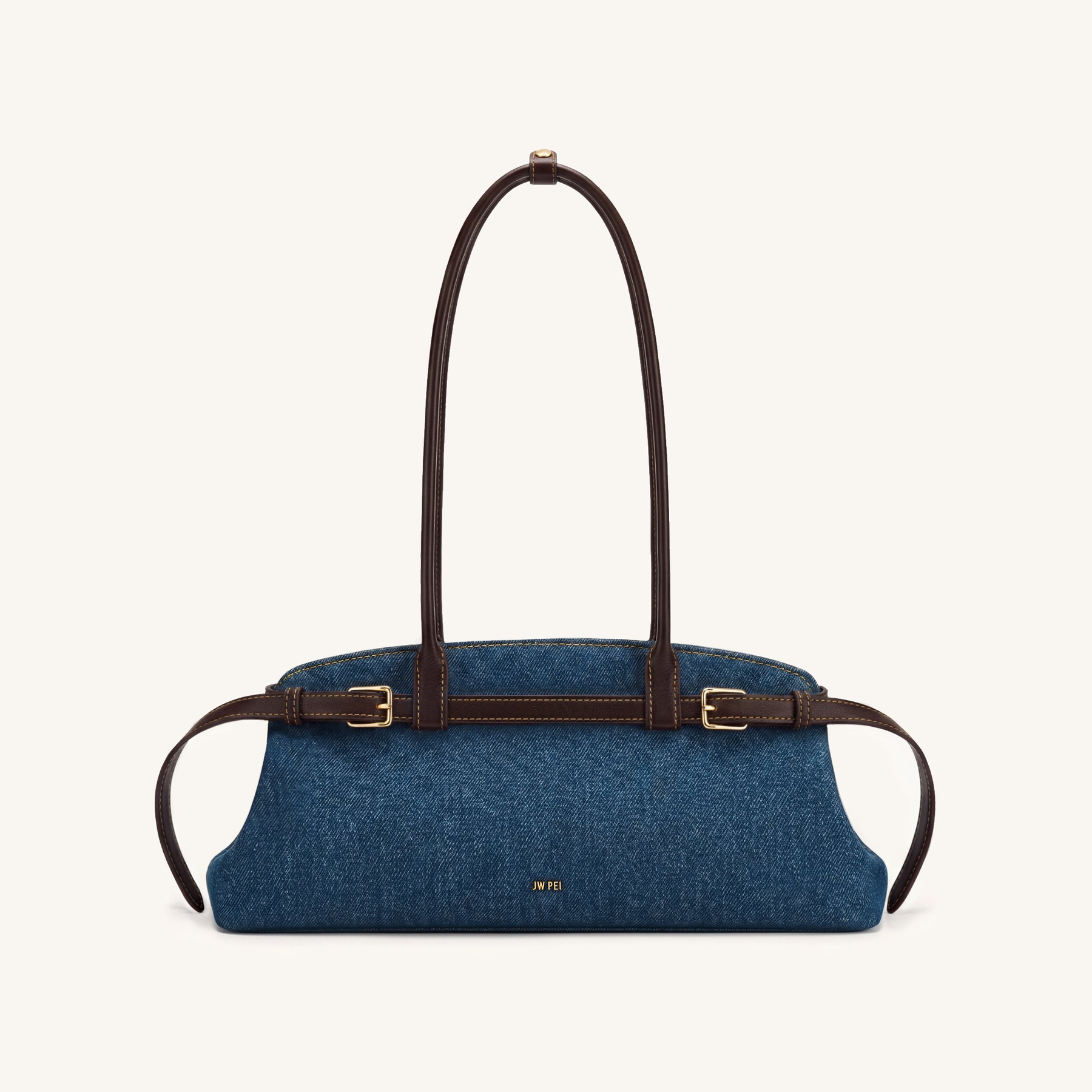 Arden Belt Detail East-West Shoulder Bag - Blue Denim