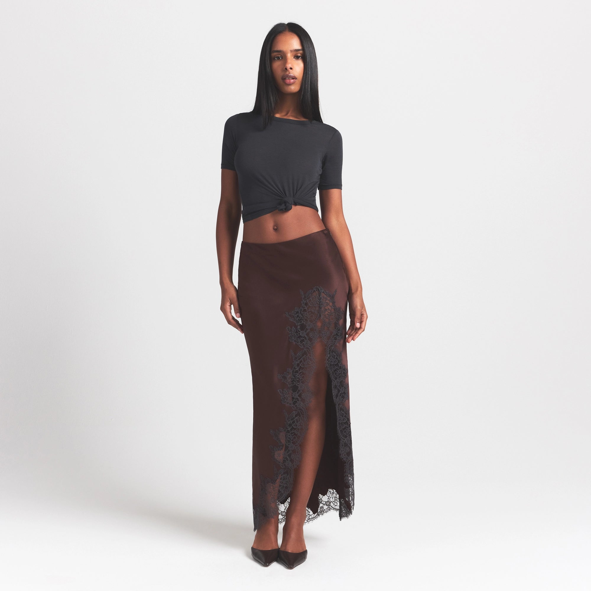 Silk Lace Slip Midi Skirt