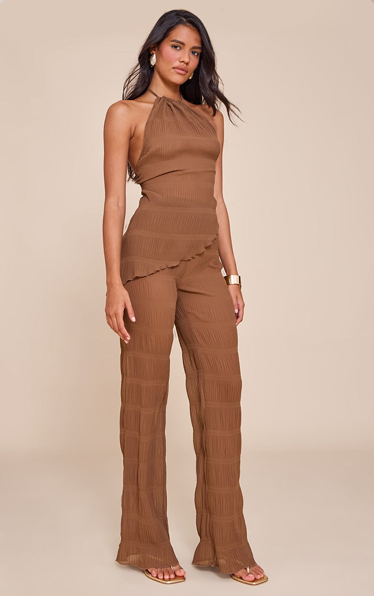 Chocolate Brown Textured Sheer Woven Mid Rise Straight Leg Trouser