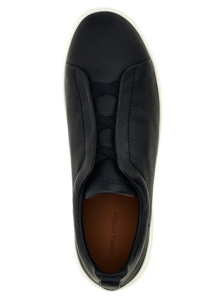 Zegna Men’s Triple Stitch™ Blue Deerskin Leather Slip-On Sneakers – Made in Italy