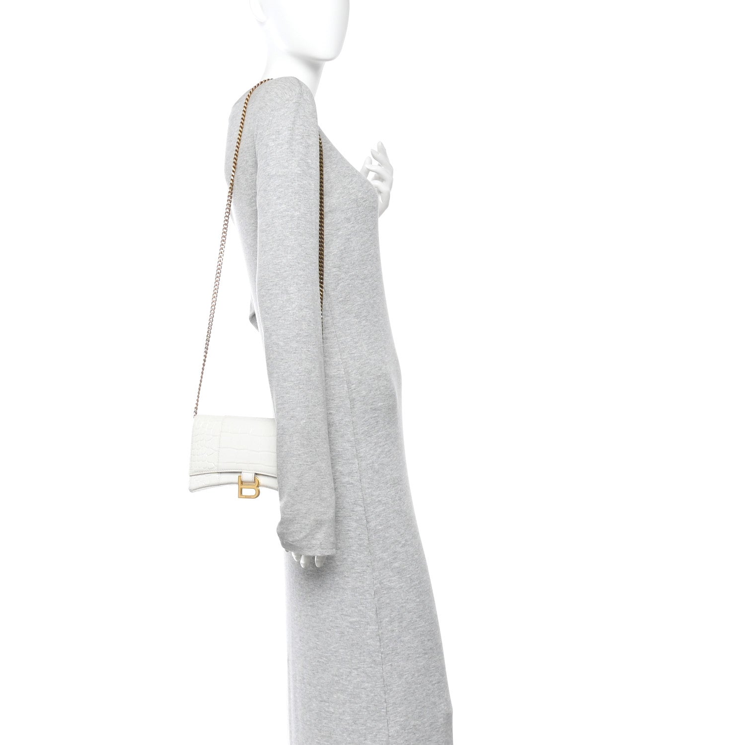 Balenciaga Shiny Calfskin Crocodile Embossed Hourglass Chain Bag White