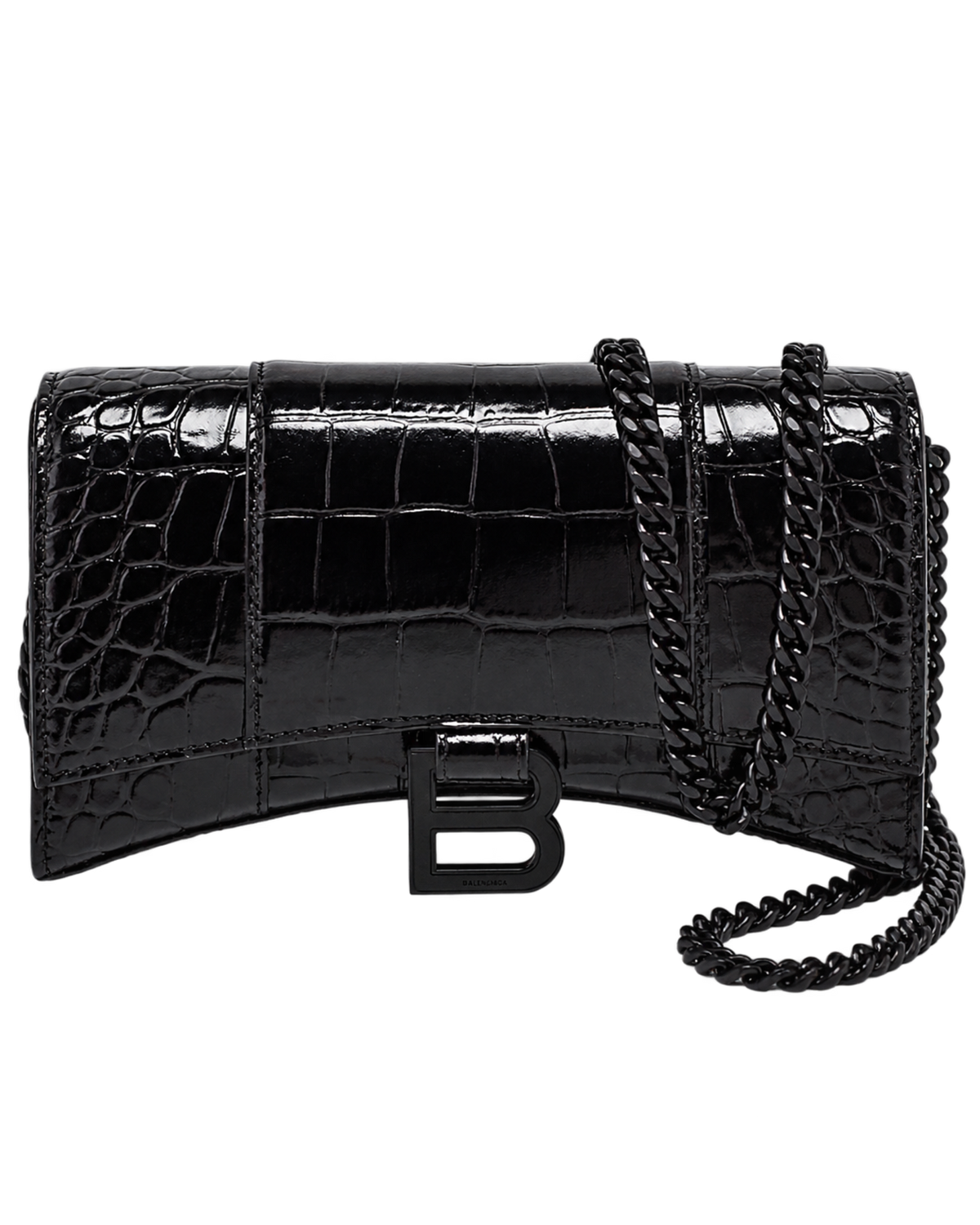 Balenciaga Black Croc Embossed Leather Hourglass Wallet On Chain