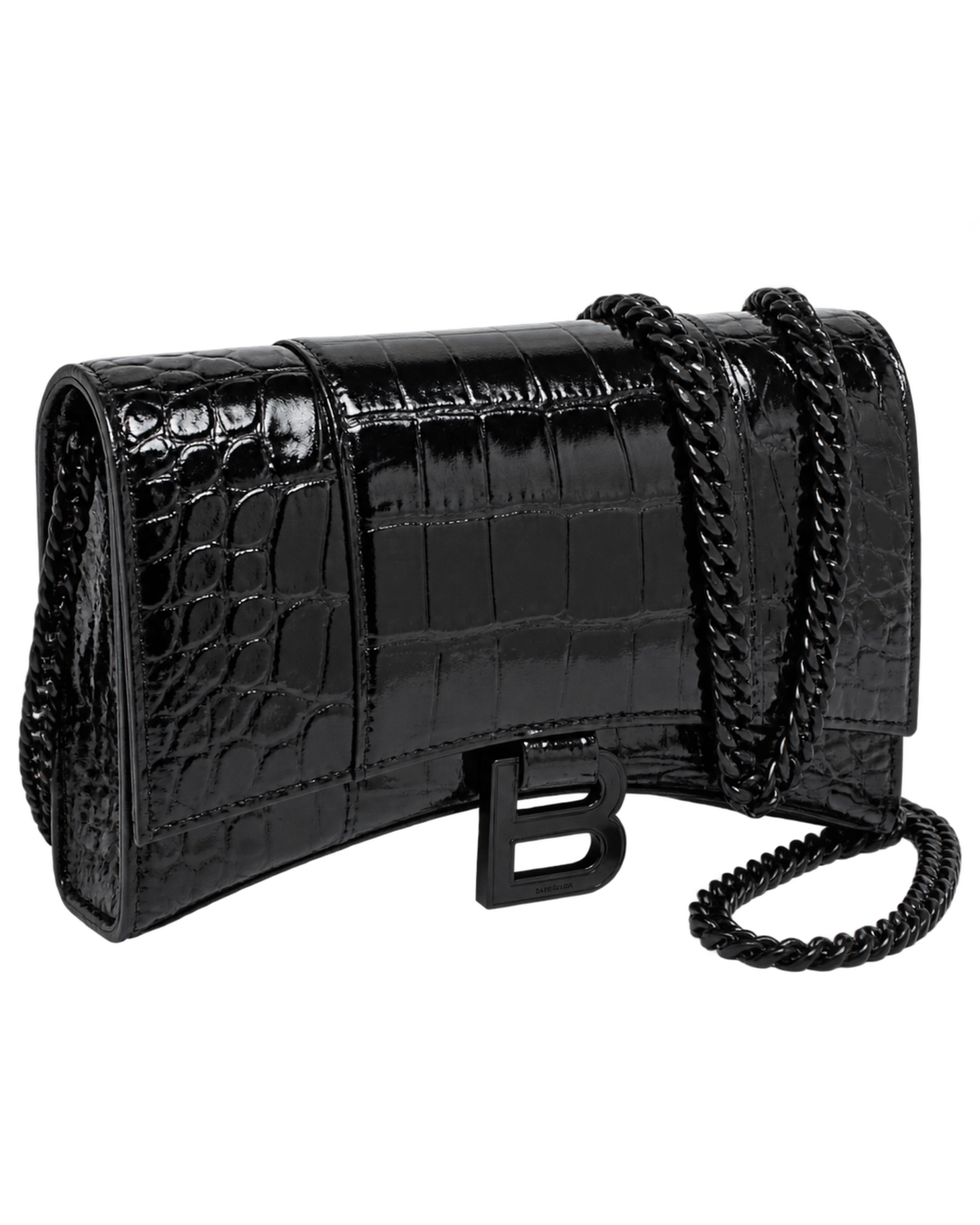 Balenciaga Black Croc Embossed Leather Hourglass Wallet On Chain