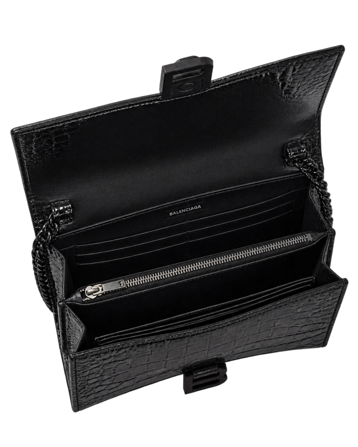 Balenciaga Black Croc Embossed Leather Hourglass Wallet On Chain
