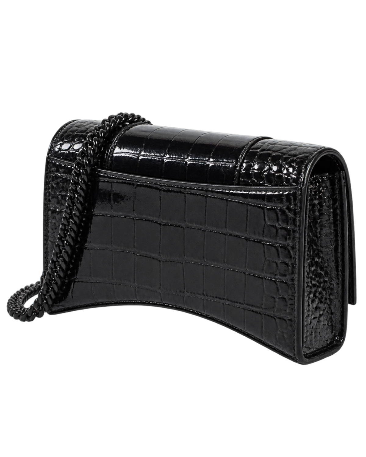 Balenciaga Black Croc Embossed Leather Hourglass Wallet On Chain