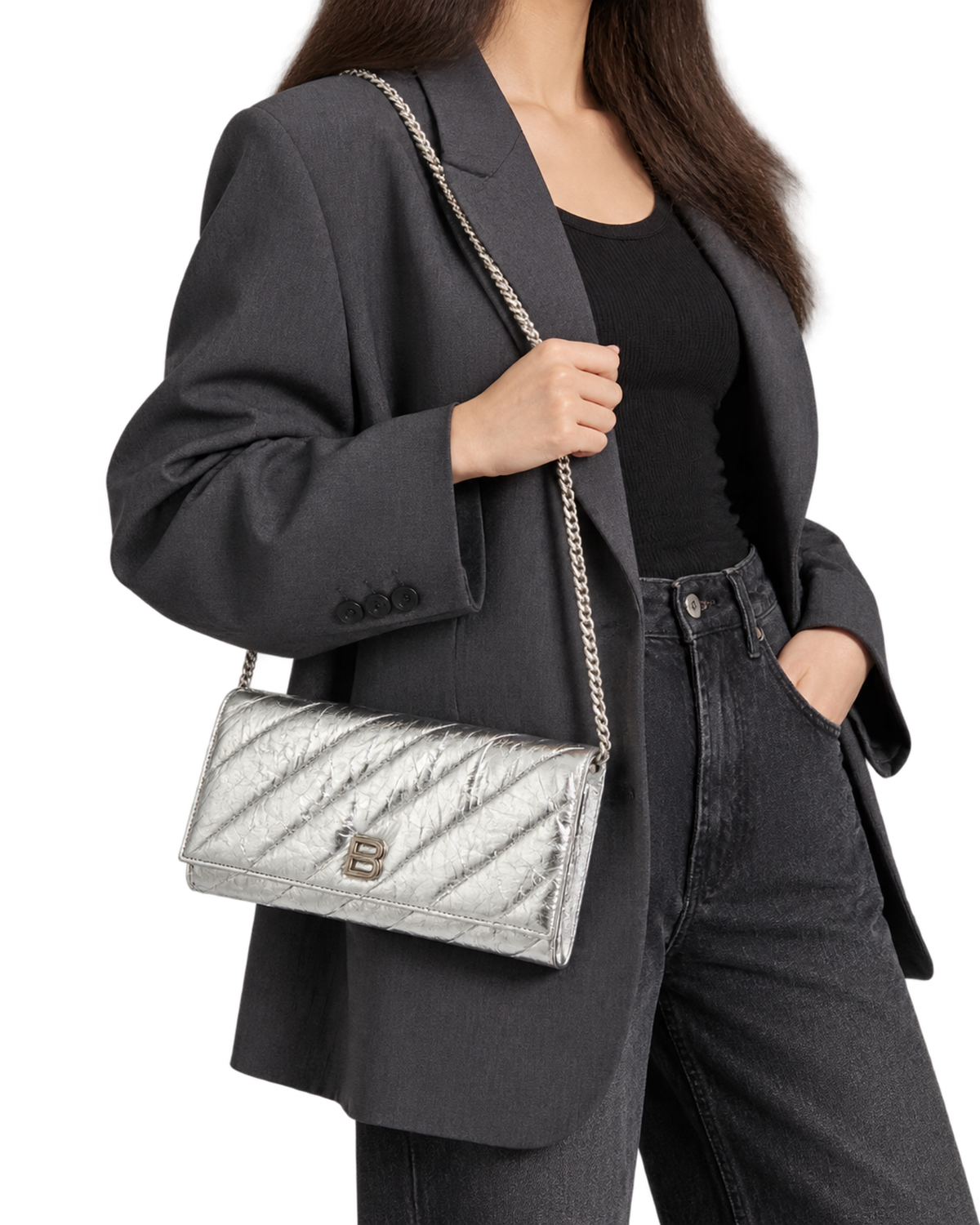 Balenciaga Crush metallic leather wallet on chain