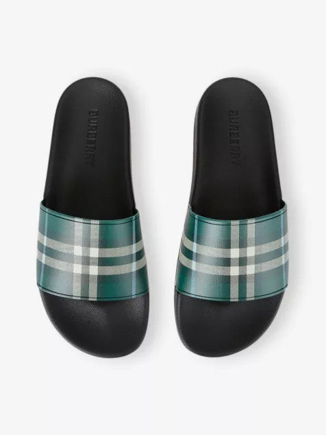 Burberry Furley Check Rubber Sliders with iconic check strap and lightweight sole for casual wear and poolside lounging