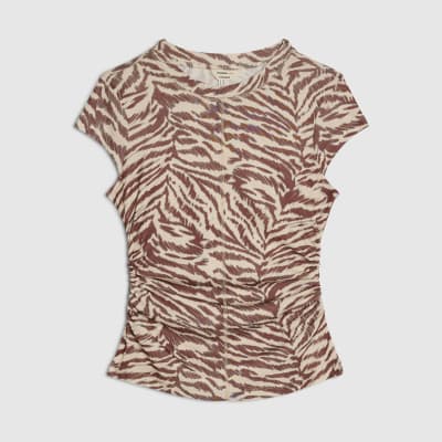 Beige Animal Print Fitted T-Shirt