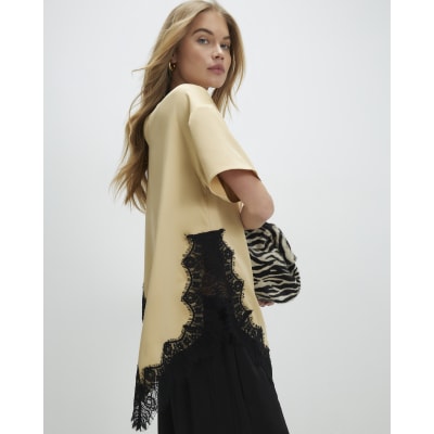 Beige Asymmetric Lace Satin T-Shirt