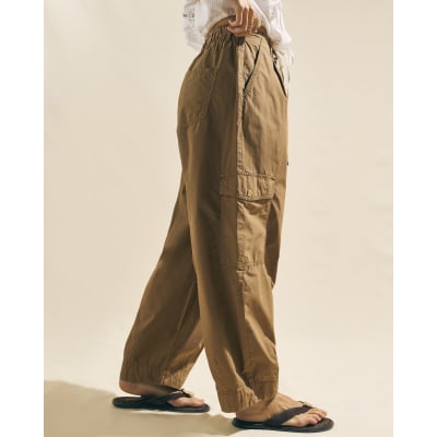 Beige Barrel Leg Cargo Trousers
