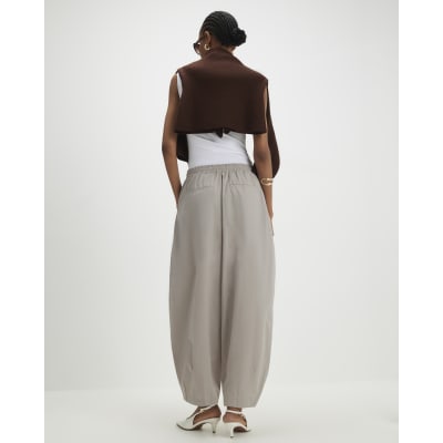 Beige Barrel Leg Pleated Trousers