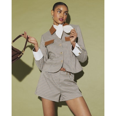 Beige Check Print Tailored Shorts
