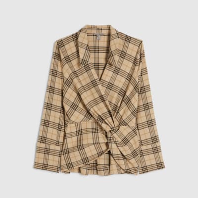 Beige Check Print Twist Detail Collared Top