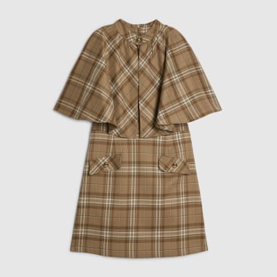 Beige Checked Cape Detail Mini Dress