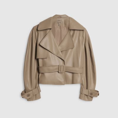 Beige Faux Leather Belted Trench Jacket