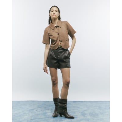 Beige Faux Suede Pocket Detail Shirt