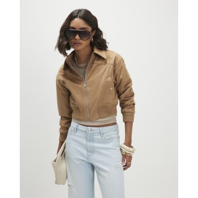 Beige Faux Suede Ribbed Hem Bomber Jacket