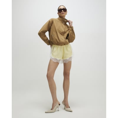 Beige Funnel Neck Bubble Hem Bomber Jacket