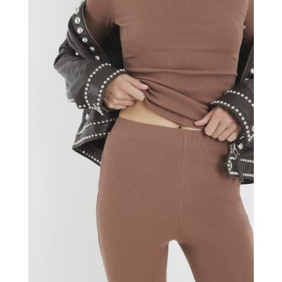 Beige High Waisted Ribbed Flare Leggings