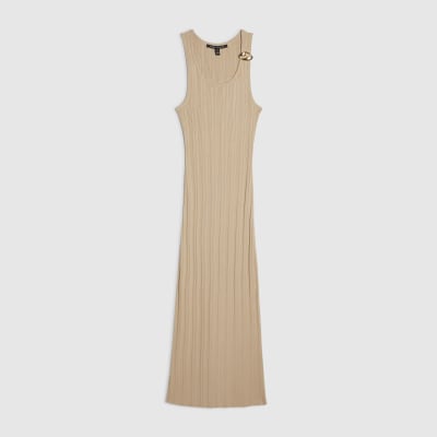 Beige Knitted Ribbed Midi Dress
