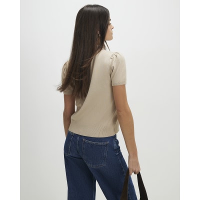 Beige Knitted Short Sleeve Polo Cardigan