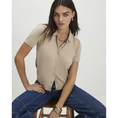 Beige Knitted Short Sleeve Polo Cardigan
