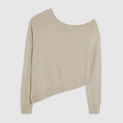 Beige Linen Blend Boat Neck Jumper