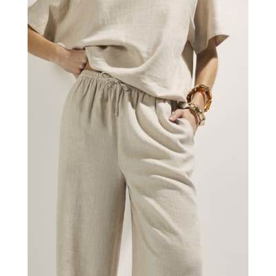 Beige Linen Blend Wide Leg Trousers