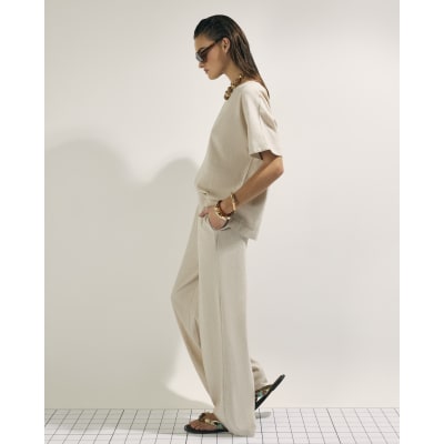 Beige Linen Blend Wide Leg Trousers
