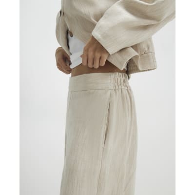 Beige Linen Look Wide Leg Trousers