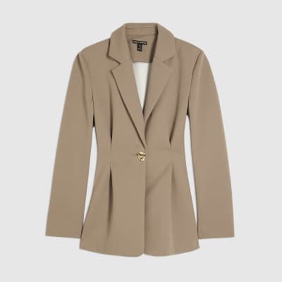 Beige Long Sleeve Cinched Waist Blazer