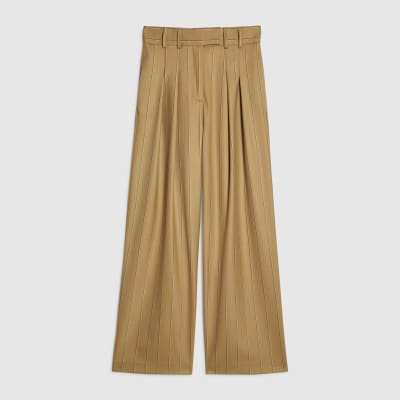 Beige Pinstripe Wide Leg Trousers