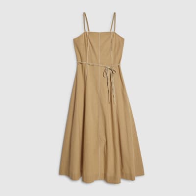 Beige Piped Rope Belted Midi Dress