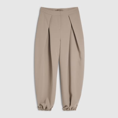 Beige Pleat Detail Tapered Trousers