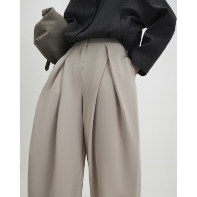 Beige Pleat Detail Tapered Trousers