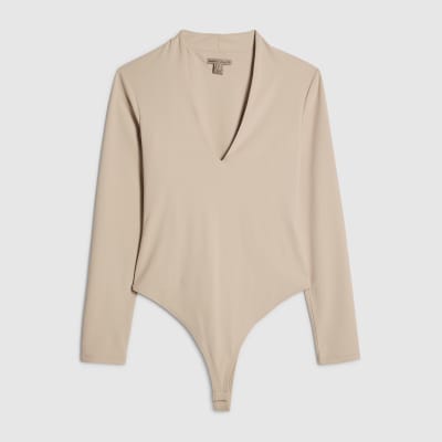 Beige Plunge Neckline Long Sleeve Bodysuit
