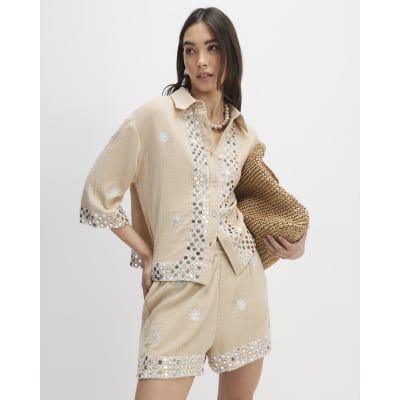 Beige Sequin Embellished Beach Shirt