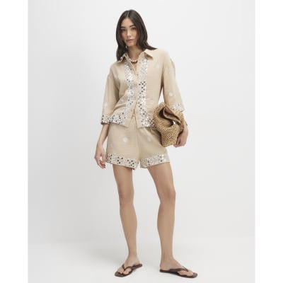 Beige Sequin Embellished Shorts