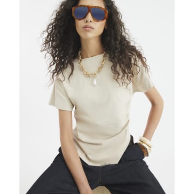 Beige Short Sleeve Drape Side T-shirt