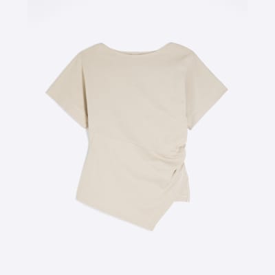 Beige Short Sleeve Drape Side T-shirt