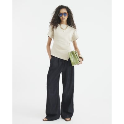 Beige Short Sleeve Drape Side T-shirt