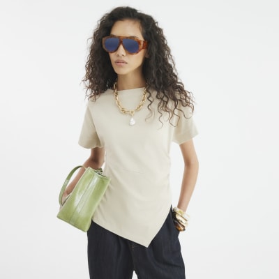 Beige Short Sleeve Drape Side T-shirt