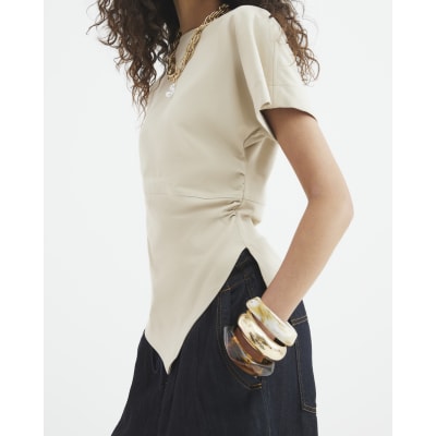 Beige Short Sleeve Drape Side T-shirt