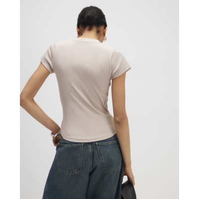 Beige Short Sleeve Fitted Ribbed T-shirt