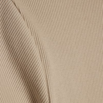 Beige Short Sleeve Fitted Ribbed T-shirt